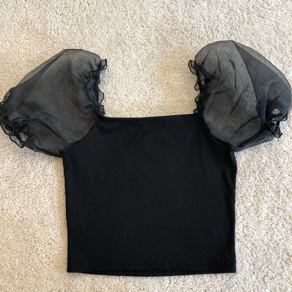 NWOT Altar'd State Black Sheer Puffy Sleeve Ribbed Crop Top Shirt Blouse - Picture 5 of 10